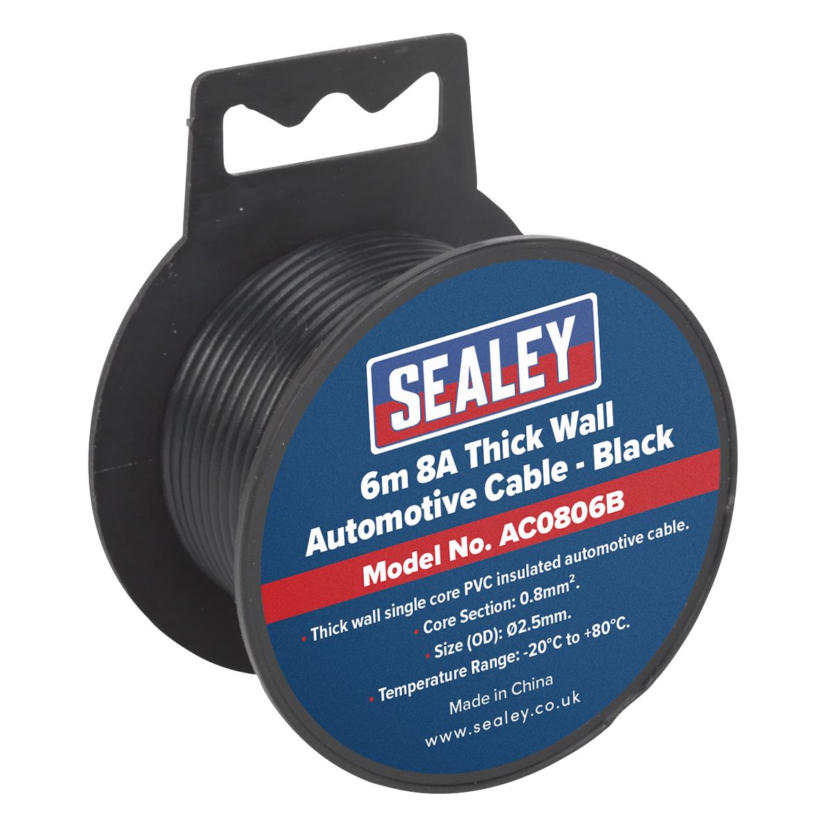 Sealey Automotive Cable Thick Wall 8A 6m Black AC0806B