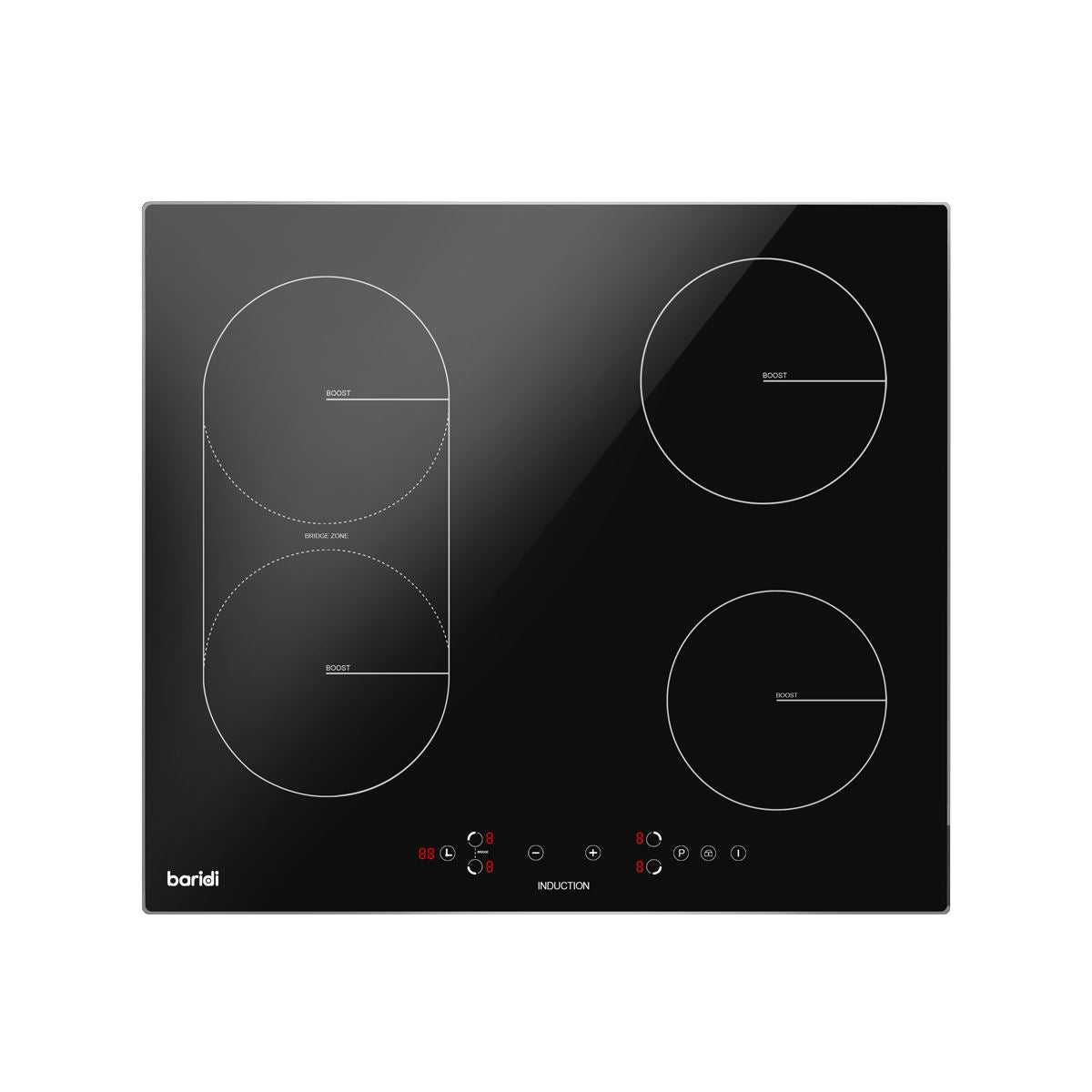 Sealey Baridi 60cm Built-In Induction Hob with Bridge Zone, 4 Cooking Zones, 2800W, Boost Function, 9 Power Levels, Touch Control & Timer DH178