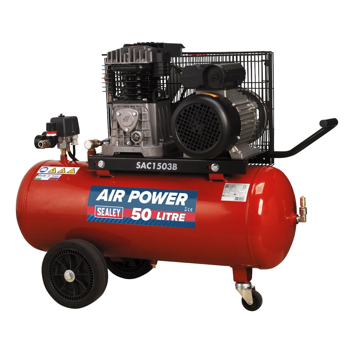 Sealey Air Compressor 50L Belt Drive 3hp, Cast Cylinders & Wheels SAC1503B