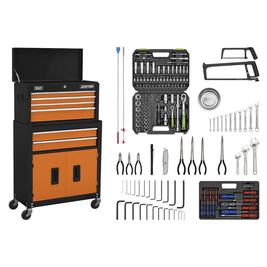 Sealey American Pro Topchest & Rollcab Combination 6 Drawer with Ball-Bearing Slides - Orange/Black & 170pc Tool Kit AP22OCOMBO