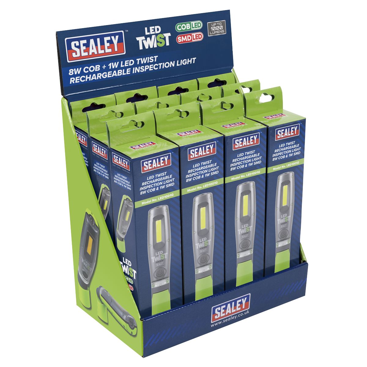 Sealey LED Twist Rechargeable Inspection Light, Green - Box of 12 LED1001GDB