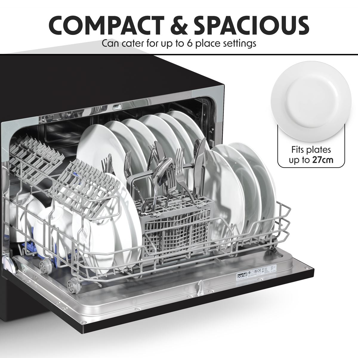 Baridi Compact Tabletop Dishwasher 6 Place Settings, 6 Programmes, 6.5L, Black