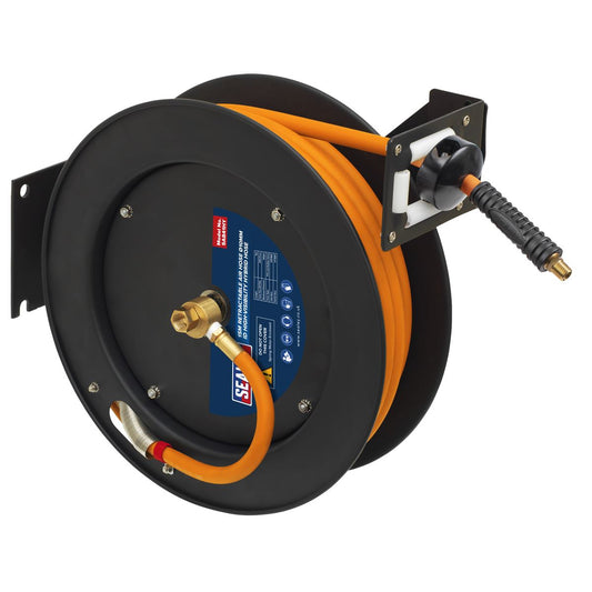 Sealey Retractable Metal Reel 15m 10mm ID High-Visibility Hybrid Air Hose SA841HY