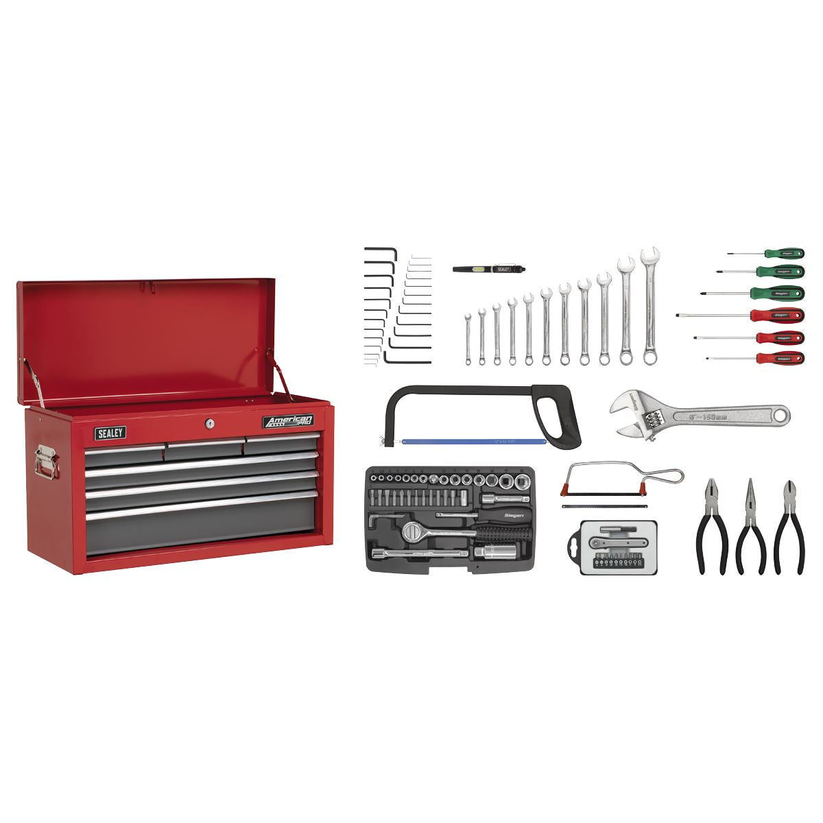 Sealey Topchest 6 Drawer - Red/Grey & 98pc Tool Kit AP2201BBCOMBO