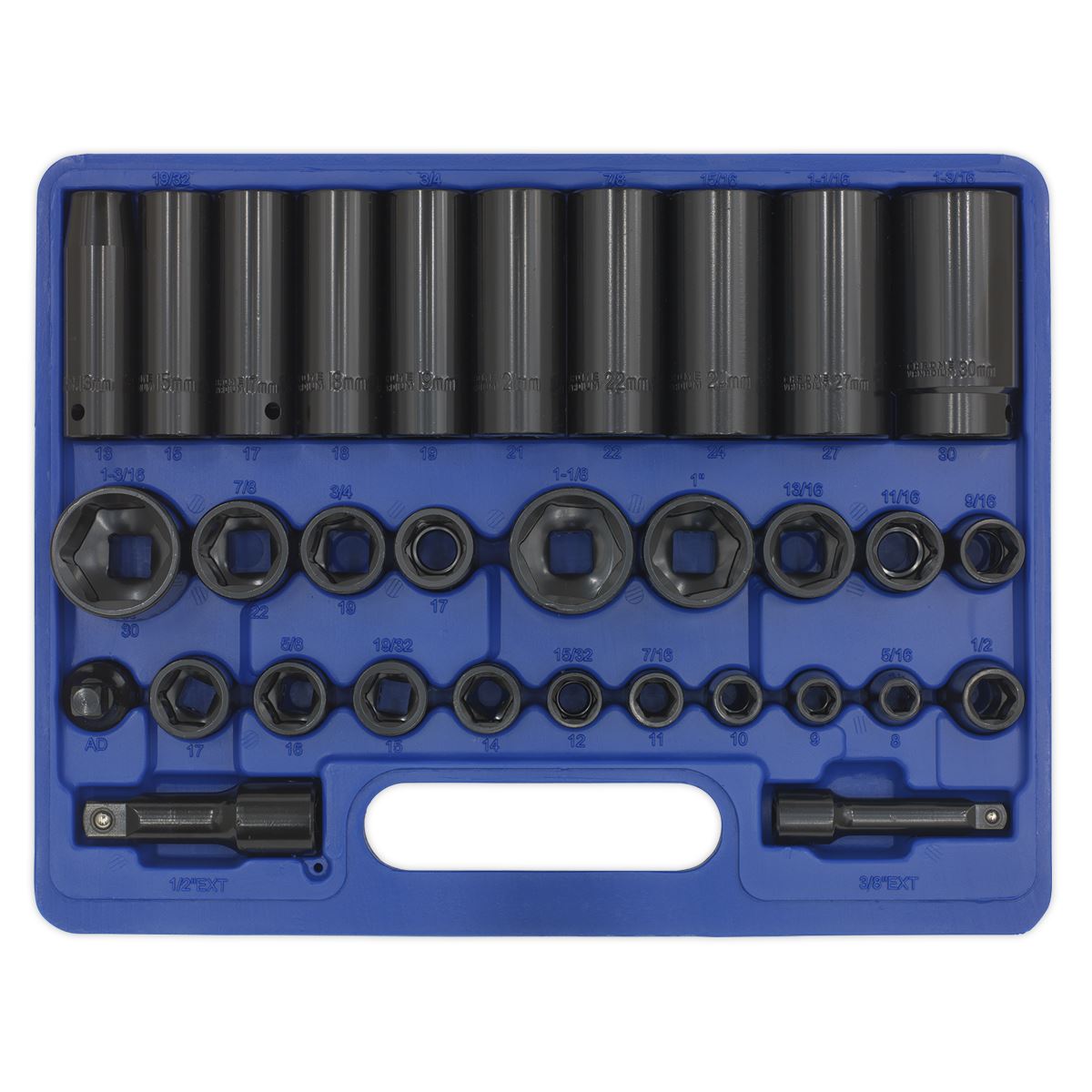 Sealey Impact Socket Set 32pc Standard/Deep 3/8"&1/2"Sq Dr Met/Imp AK681