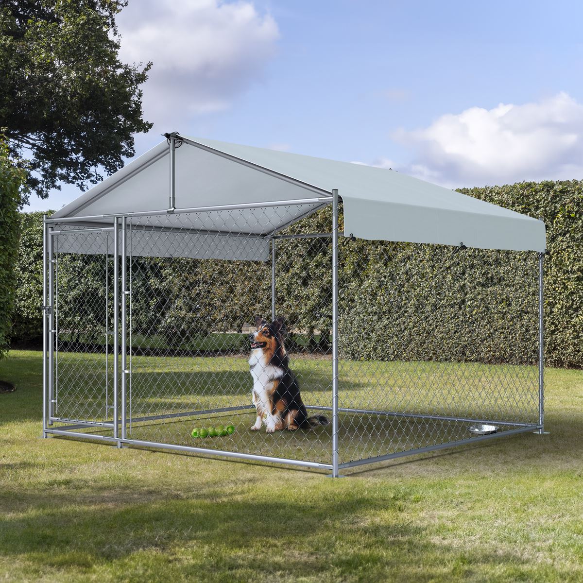 Dellonda 2x2x1.5m Dog Kennel, Galvanised Steel, Roof Cover, Chain Link Fencing DG281