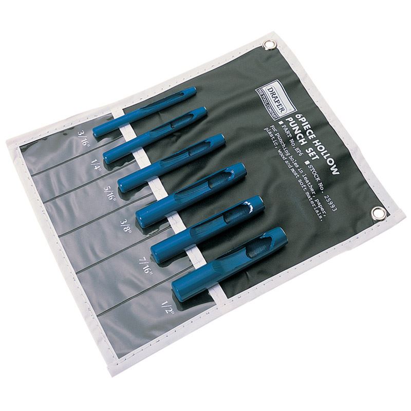 Draper 1x 6 Piece Hollow Punch Set 3/16" - 1/2" Dia. Professional Tool 25993