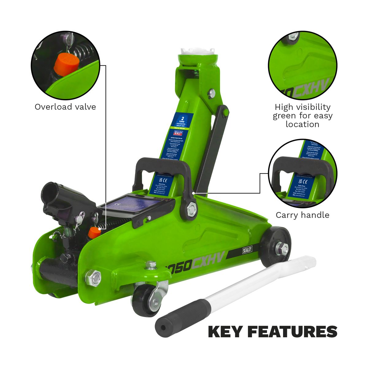 Sealey Trolley Jack 2 tonne Short Chassis - Hi-Vis 1050CXHV