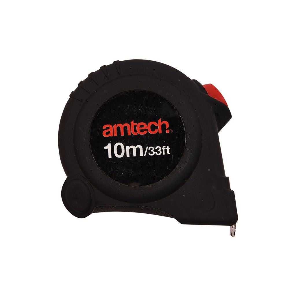 Amtech 10m x 25mm Self Locking Measuring Tape+Push Button+Belt Clip - P1275