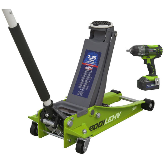 Sealey 2.2 Tonne Trolley Jack & 18V Cordless Impact Wrench - Green 2001LEHVCOMBO