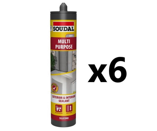 Soudal 6x Multi-Purpose Silicone Sealant - GREY (290ml)