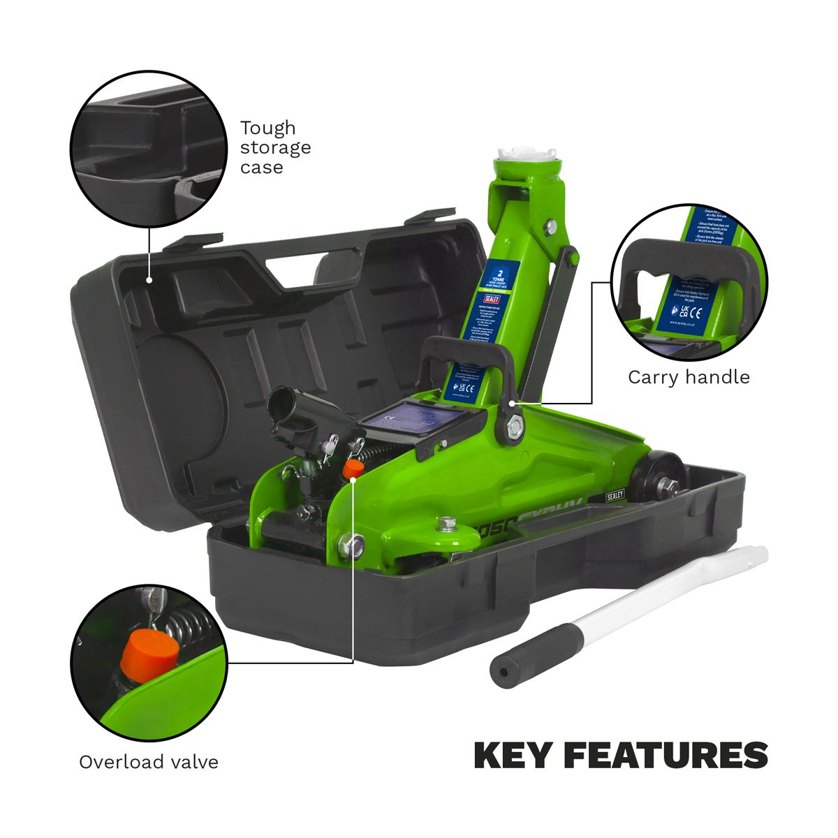 Sealey Trolley Jack 2 tonne Hi-Vis Short Chassis with Storage Case 1050CXDHV