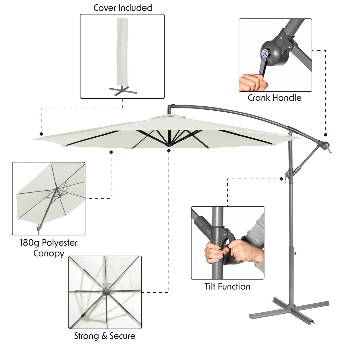 3m Banana Garden/Patio Parasol w/Crank Handle, 8 Ribs and Cover, Cream Canopy