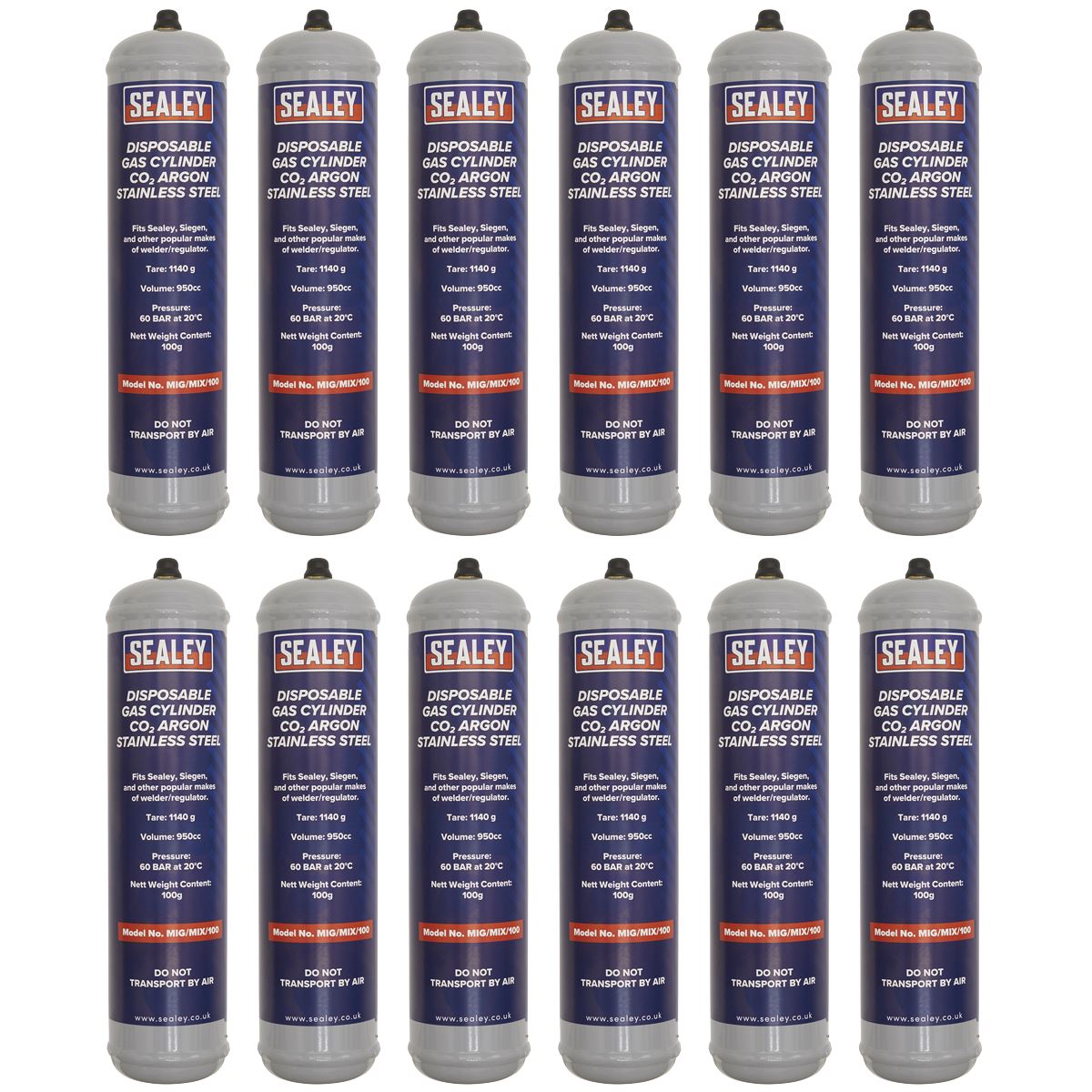 Sealey Gas Cylinder Disposable Carbon Dioxide/Argon 100g - Box of 12 MIG/MIX/100/12