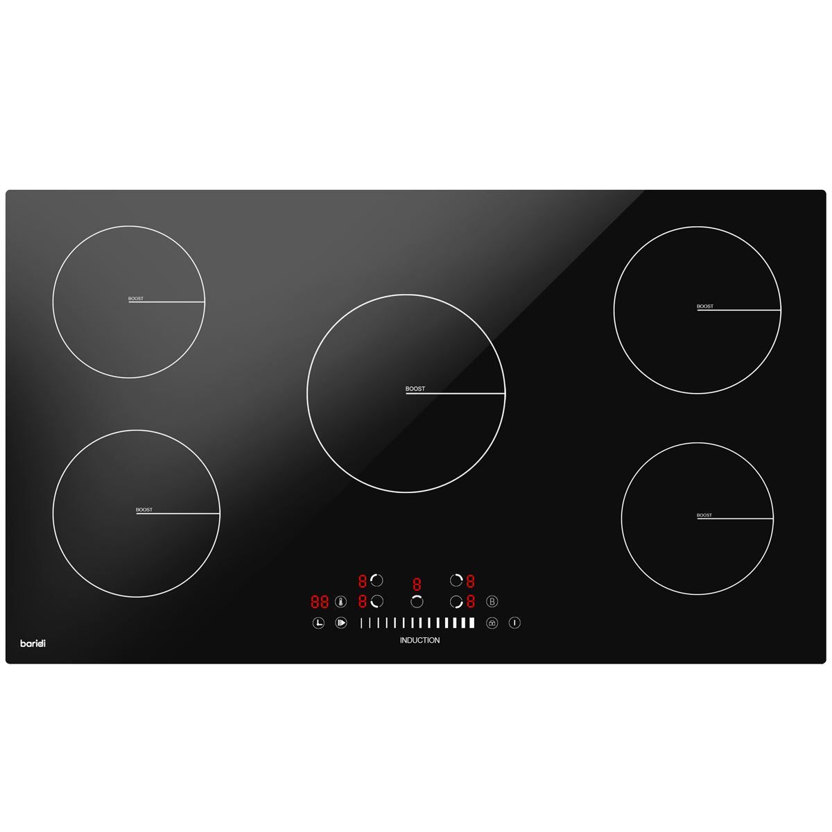 Sealey Baridi 90cm Built-In Induction Hob with 5 Cooking Zones, 9300W, Boost Function, 9 Power Levels, Slider Touch Control, Hardwired DH180