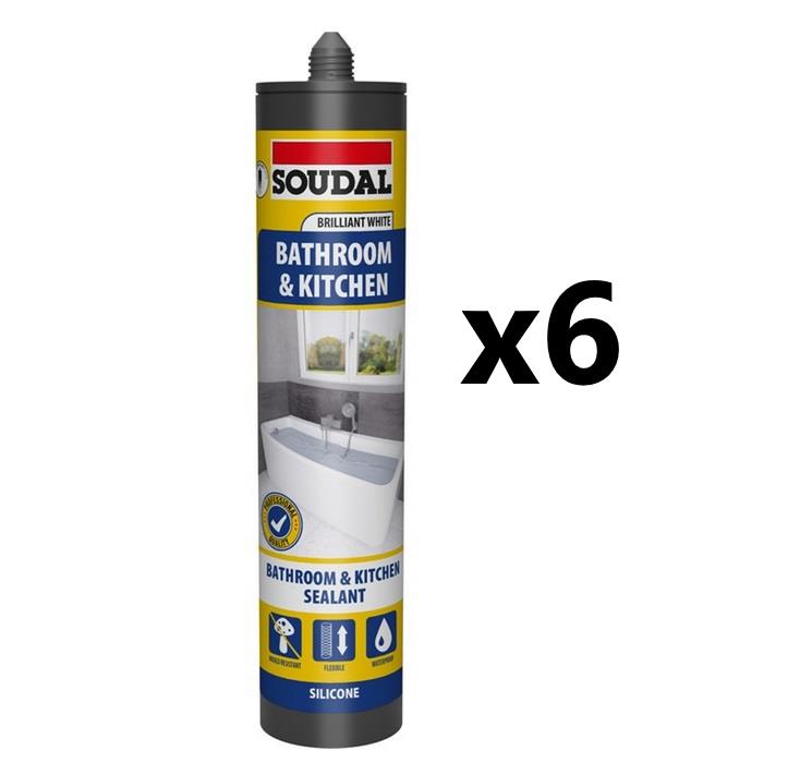 Soudal 6x Bathroom & Kitchen Silicone Sealant - Brilliant WHITE (290ml)