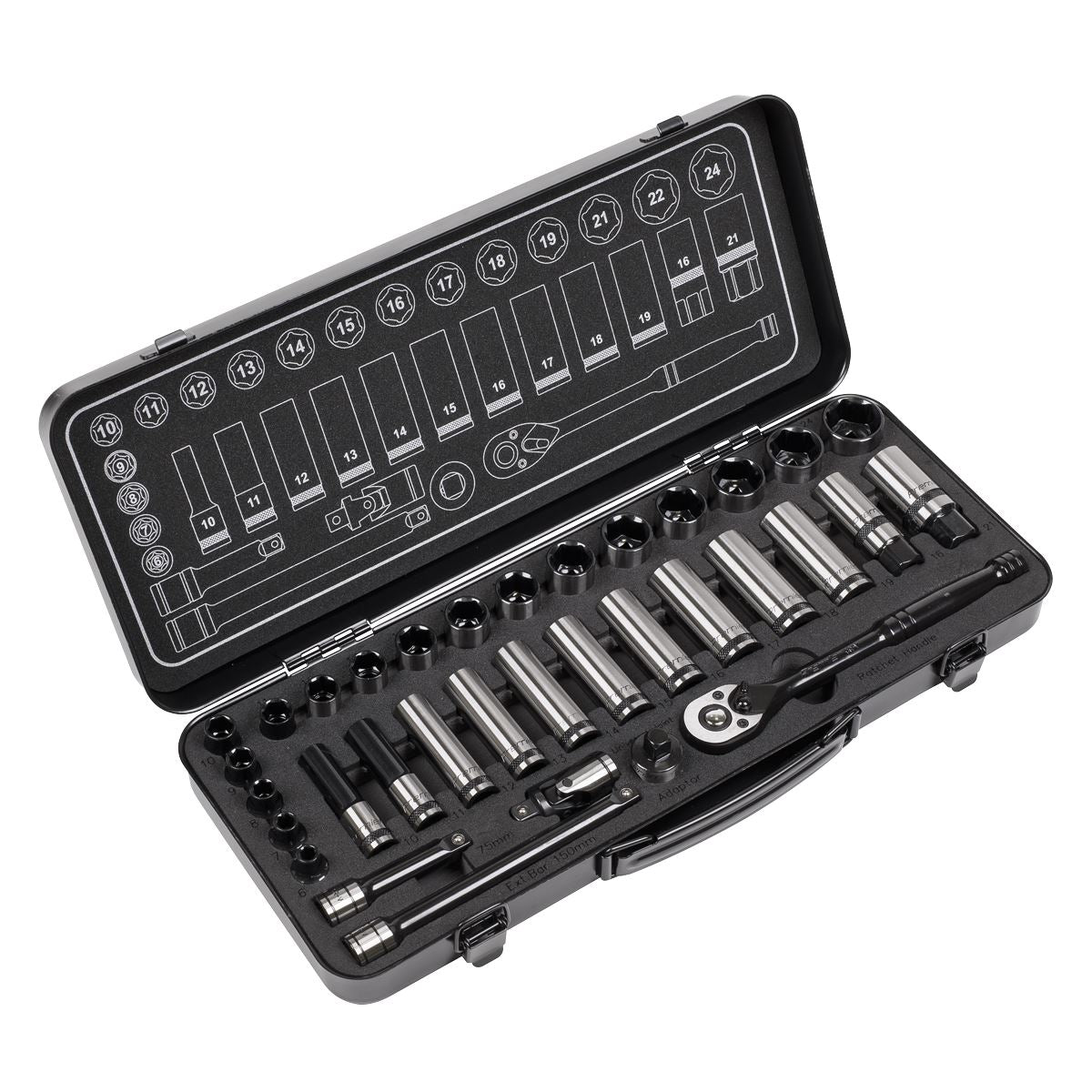 Sealey Socket Set 34pc 3/8"Sq Dr WallDrive Metric Black Series AK7971