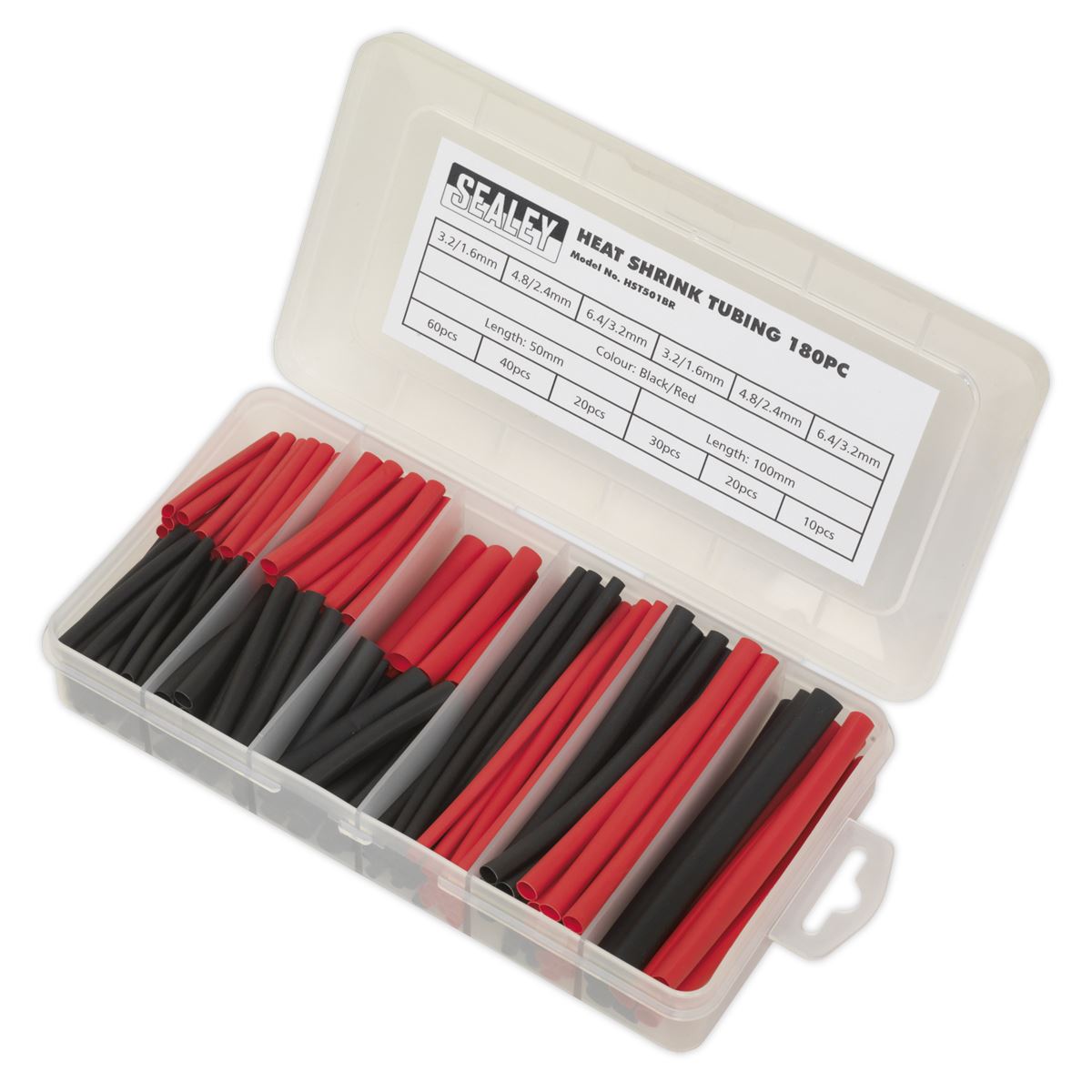 Sealey Heat Shrink Tubing Assortment 180pc 50 & 100mm Black & Red HST501BR