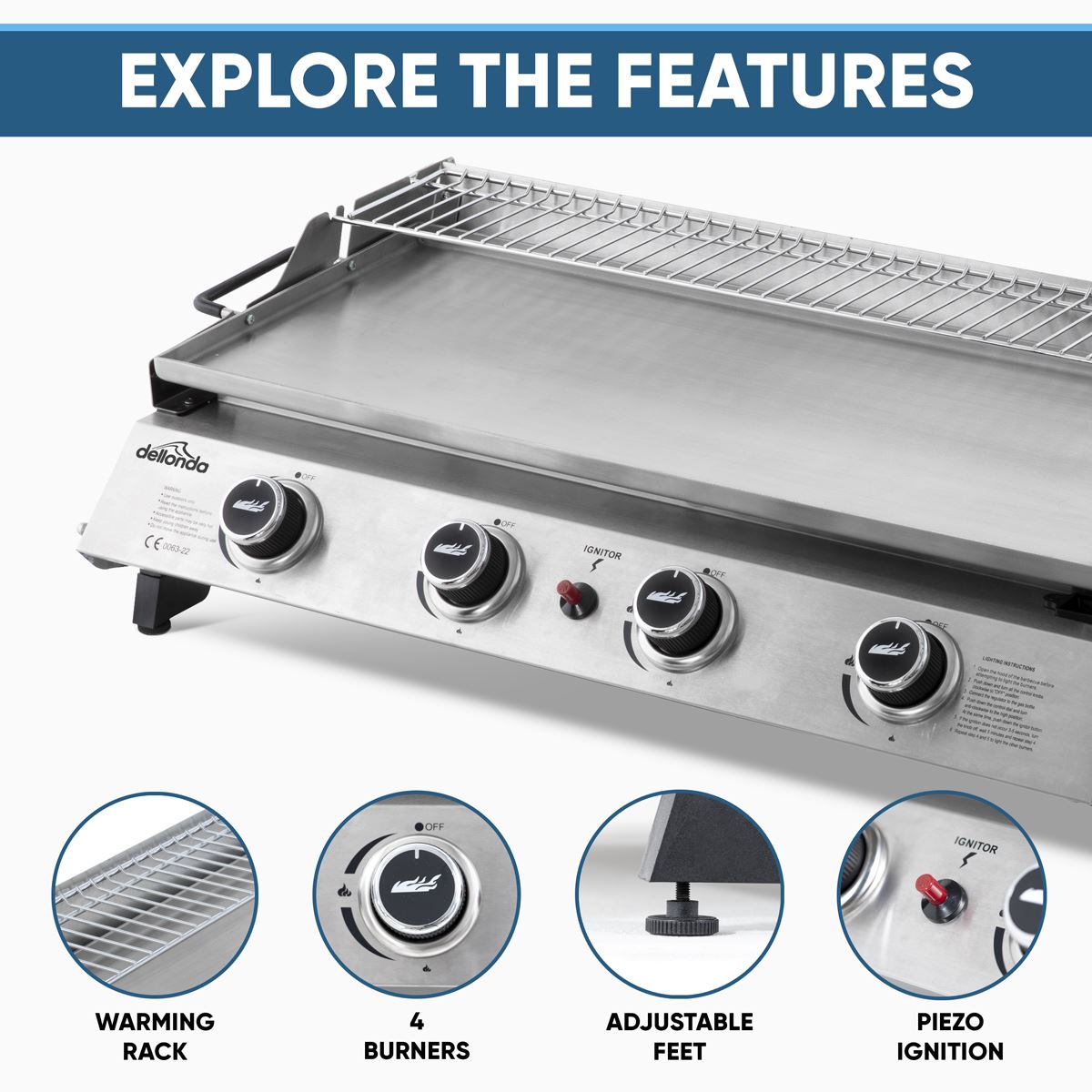 Dellonda 4 Burner Stainless Steel Portable Gas Plancha with Warming Rack 10kW