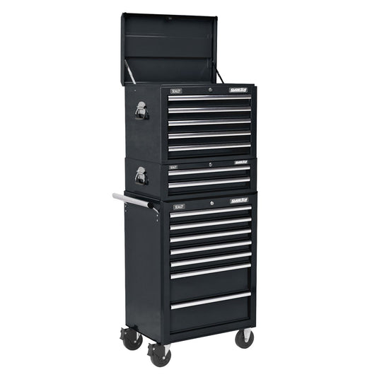 Sealey Topchest, Mid-Box & Rollcab Combination 14 Drawer - Black APSTACKTB