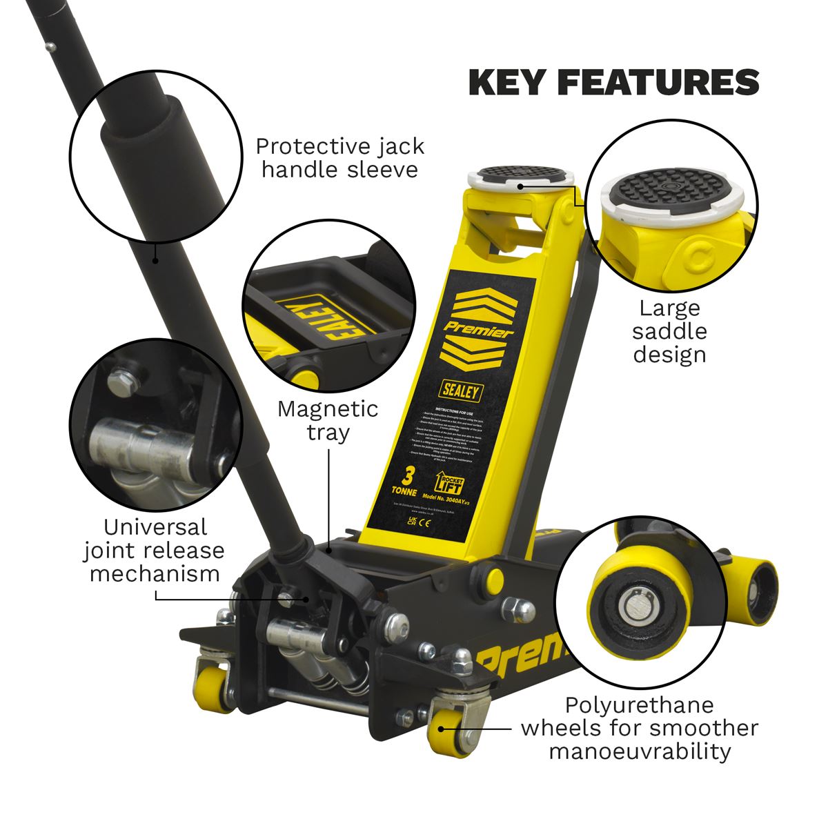 Sealey Trolley Jack 3 tonne Rocket Lift Yellow 3040AY