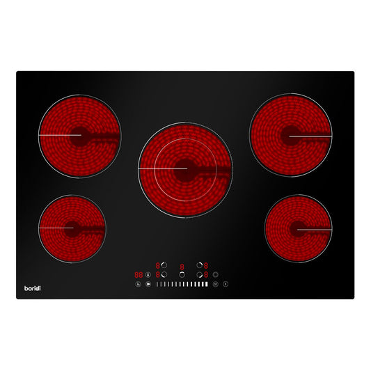 Baridi 77cm Built-In Ceramic Hob, 5 Cooking Zones, Black Glass, Touch Controls