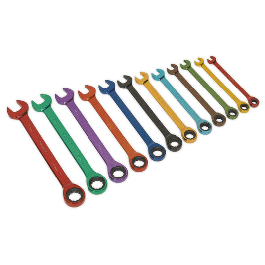 Sealey Ratchet Combination Spanner Set 12pc Multi-Coloured Metric S01075