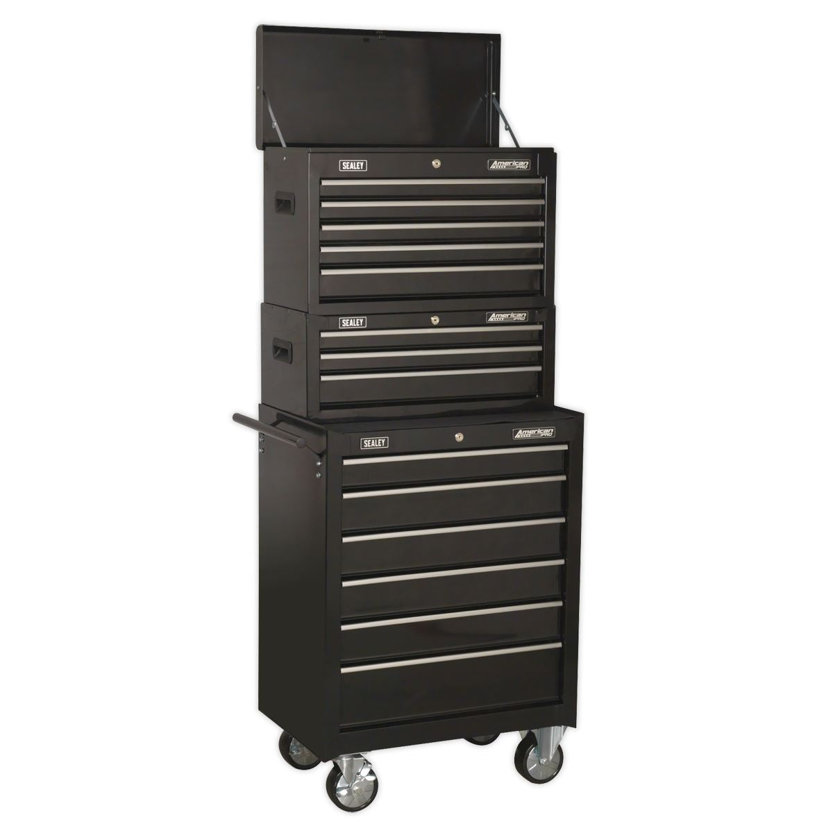 Sealey Topchest, Mid-Box & Rollcab 14 Drawer Stack - Black AP22BSTACK