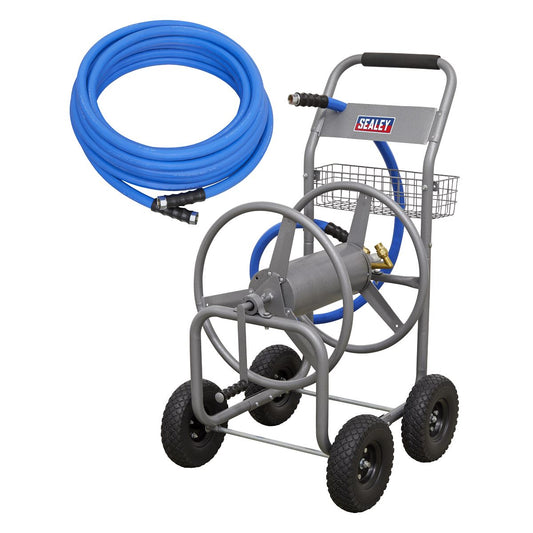 Sealey Heavy-Duty Hose Reel Cart with 15m Heavy-Duty 19mm Hot & Cold Rubber Water Hose HRKIT15