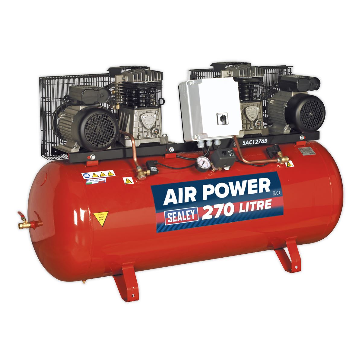 Sealey Air Compressor 270L Belt Drive 2 x 3hp with Cast Cylinders SAC1276B