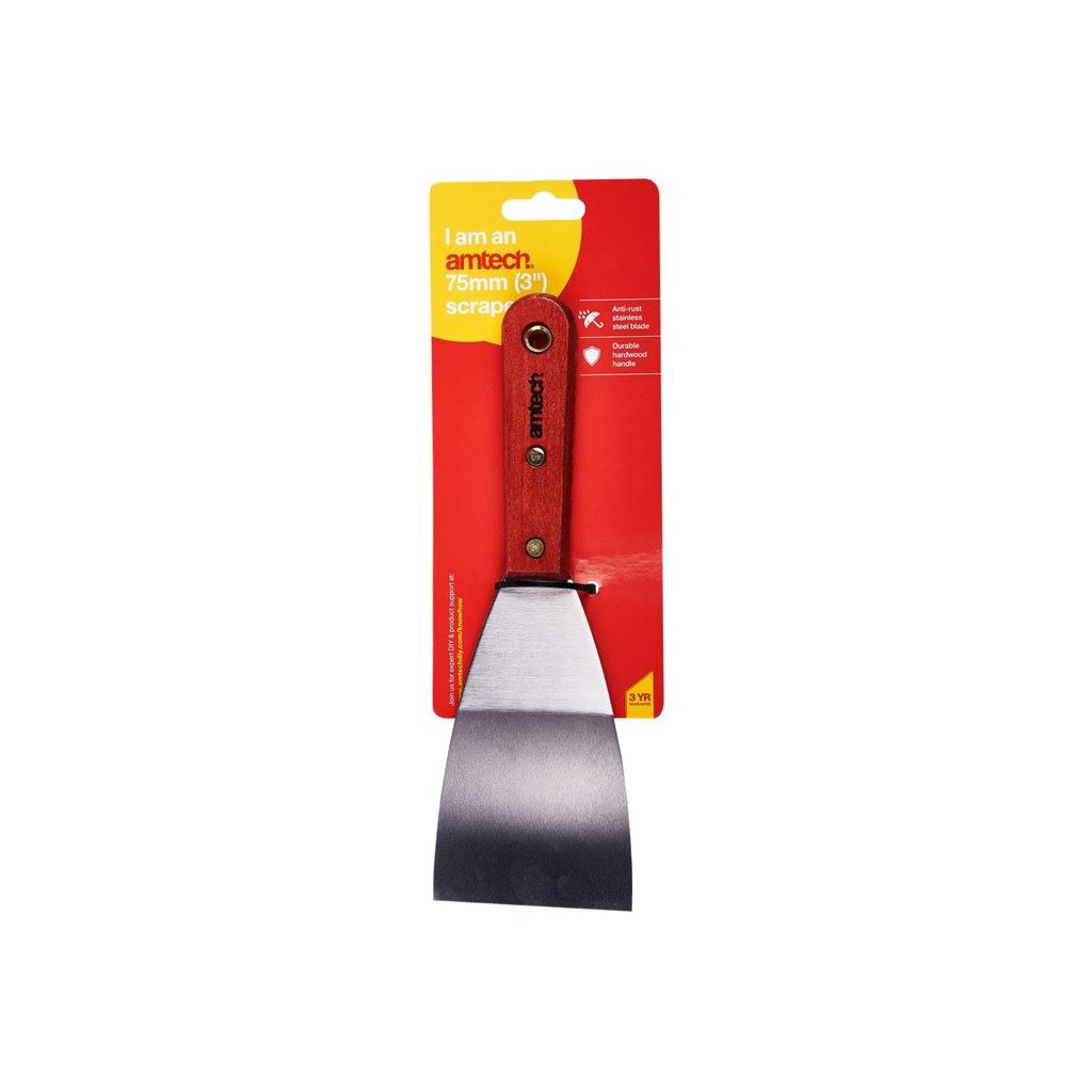 Amtech 3" Heavy Duty Scraper Wooden Handle Wallpaper Paint Steel Blade Decorate - G0800