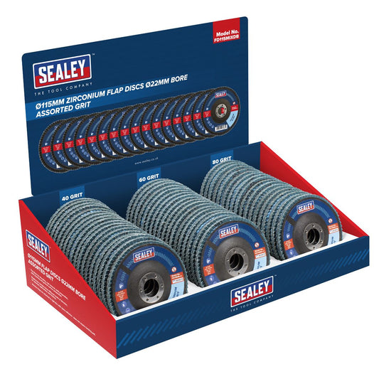 Sealey Assorted Grit Flap Discs Zirconium 115mm 22mm Bore - Display Box of 60