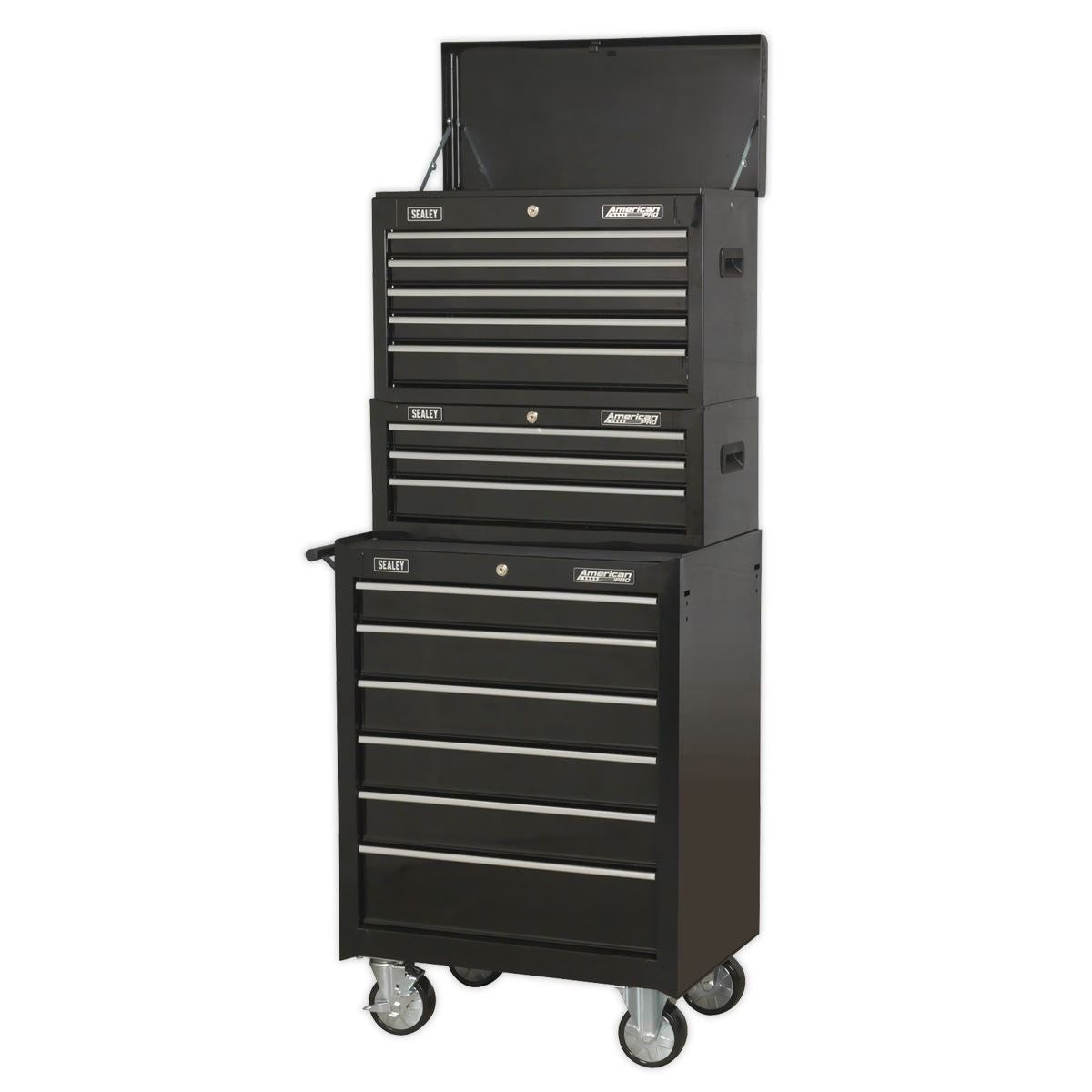 Sealey Topchest, Mid-Box & Rollcab 14 Drawer Stack - Black AP22BSTACK