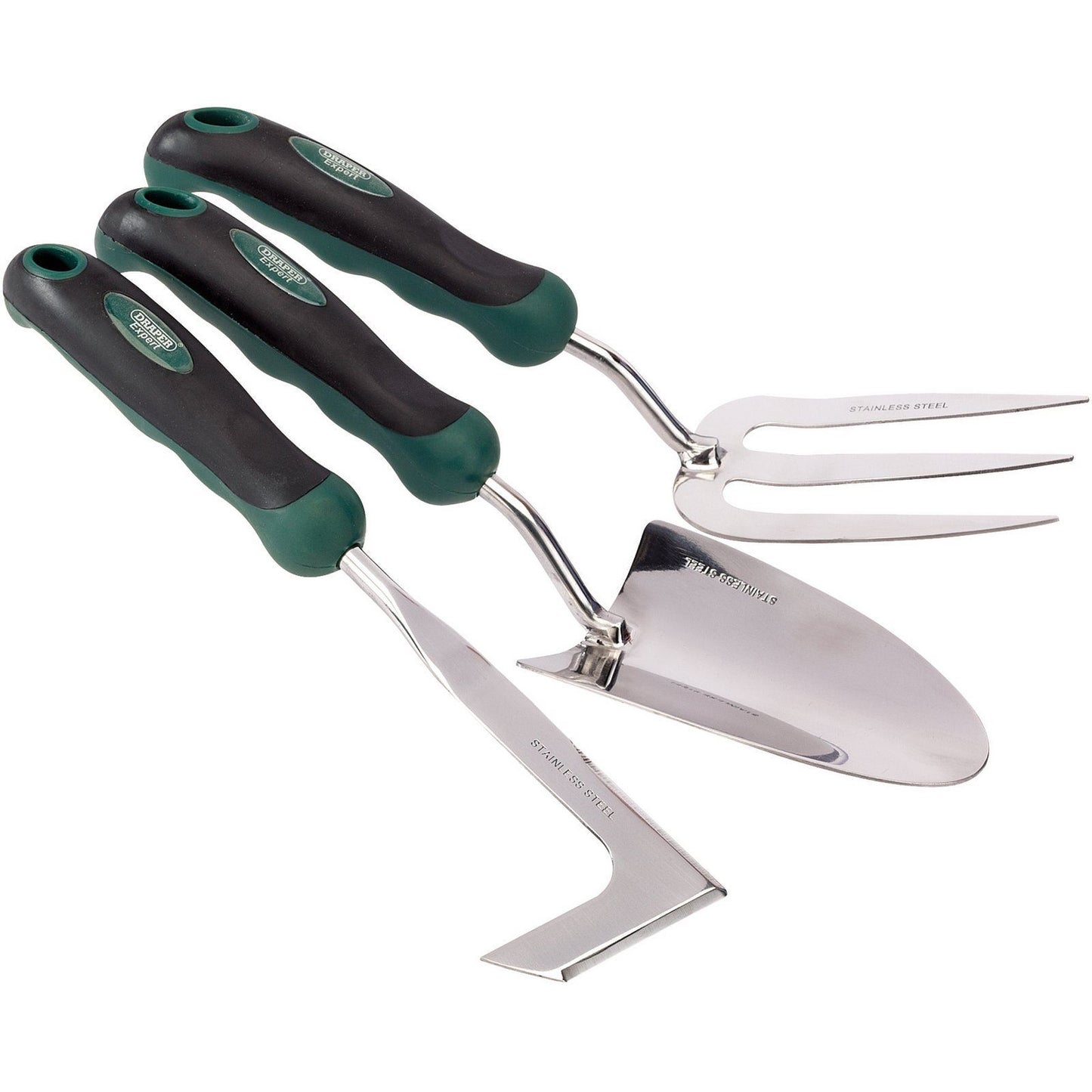 Draper 3 Piece Stainless Steel Soft-Grip Hand Fork, Trowel & Weeder Set 27436