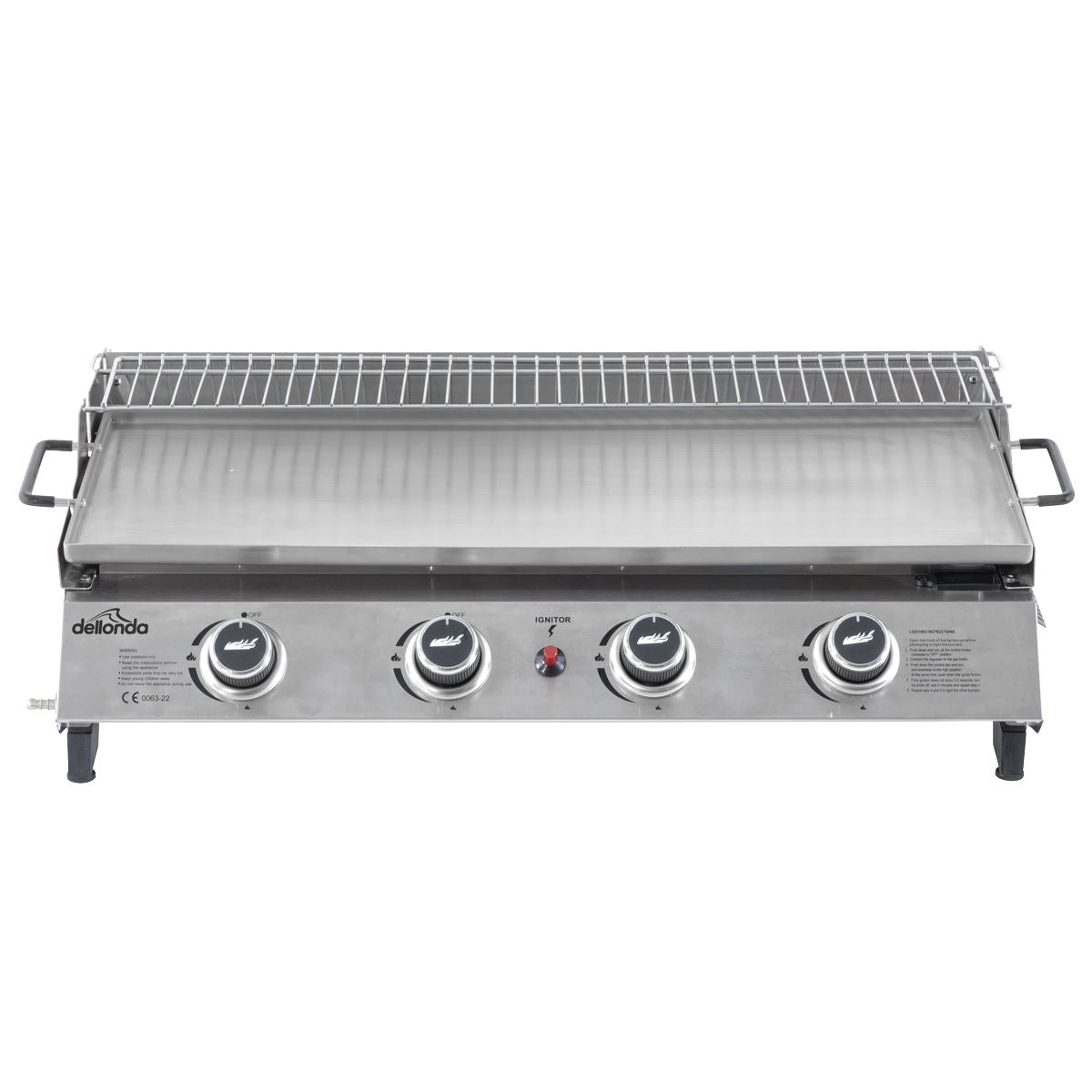 Dellonda 4 Burner Stainless Steel Portable Gas Plancha with Warming Rack 10kW