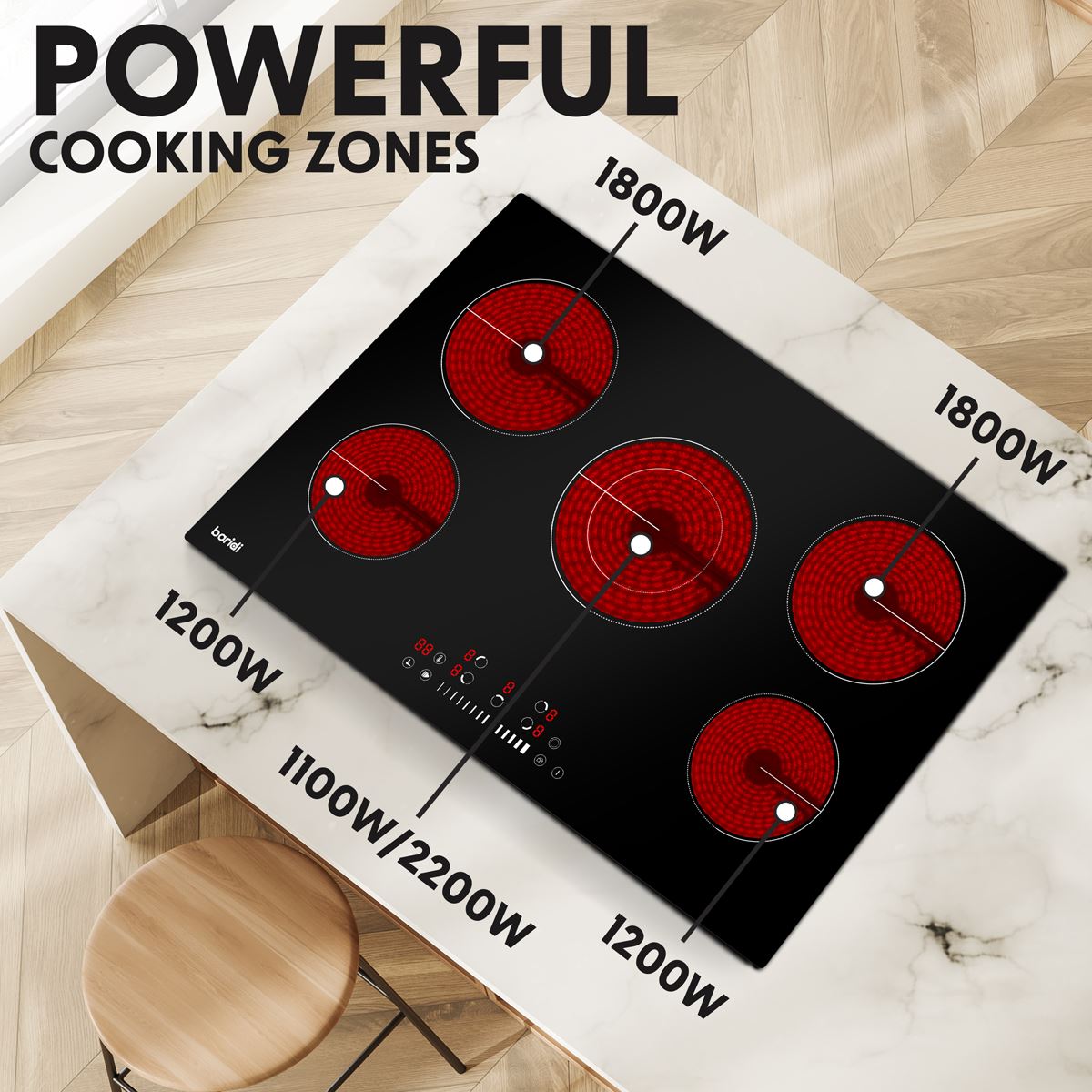 Baridi 77cm Built-In Ceramic Hob, 5 Cooking Zones, Black Glass, Touch Controls