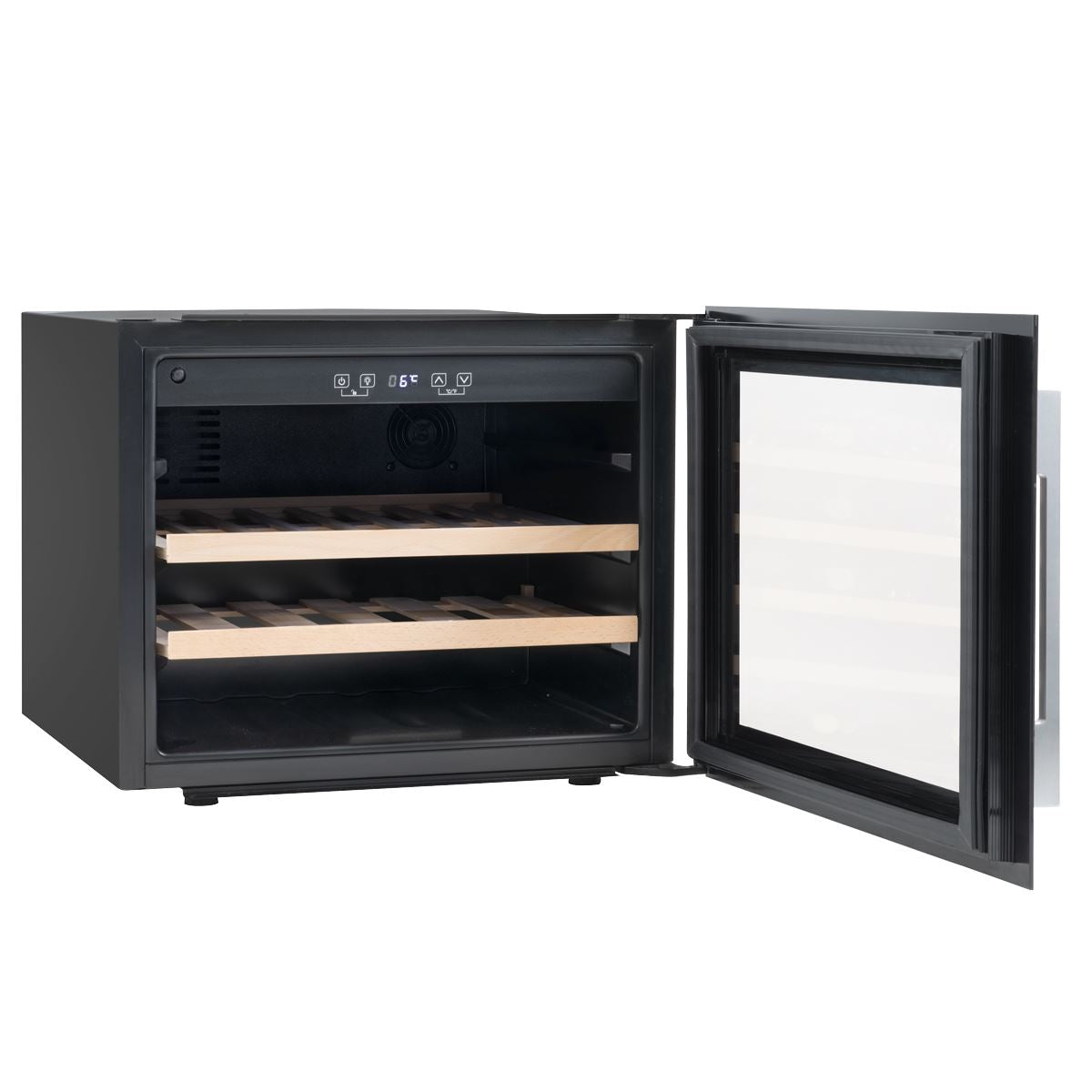 Sealey Baridi 60cm Built-In 28 Bottle Wine Cooler with Beech Wood Shelves and Internal LED Light, Black DH205