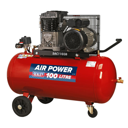 Sealey Air Compressor 100L Belt Drive 3hp Cast Cylinders & Wheels SAC1103B