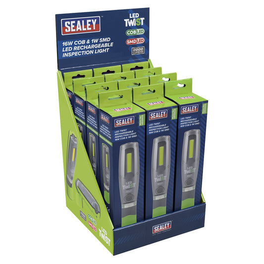 Sealey Rechargeable Inspection Light 16W COB & 1W SMD LED - Green - Display Box of 12 LED2001GDB