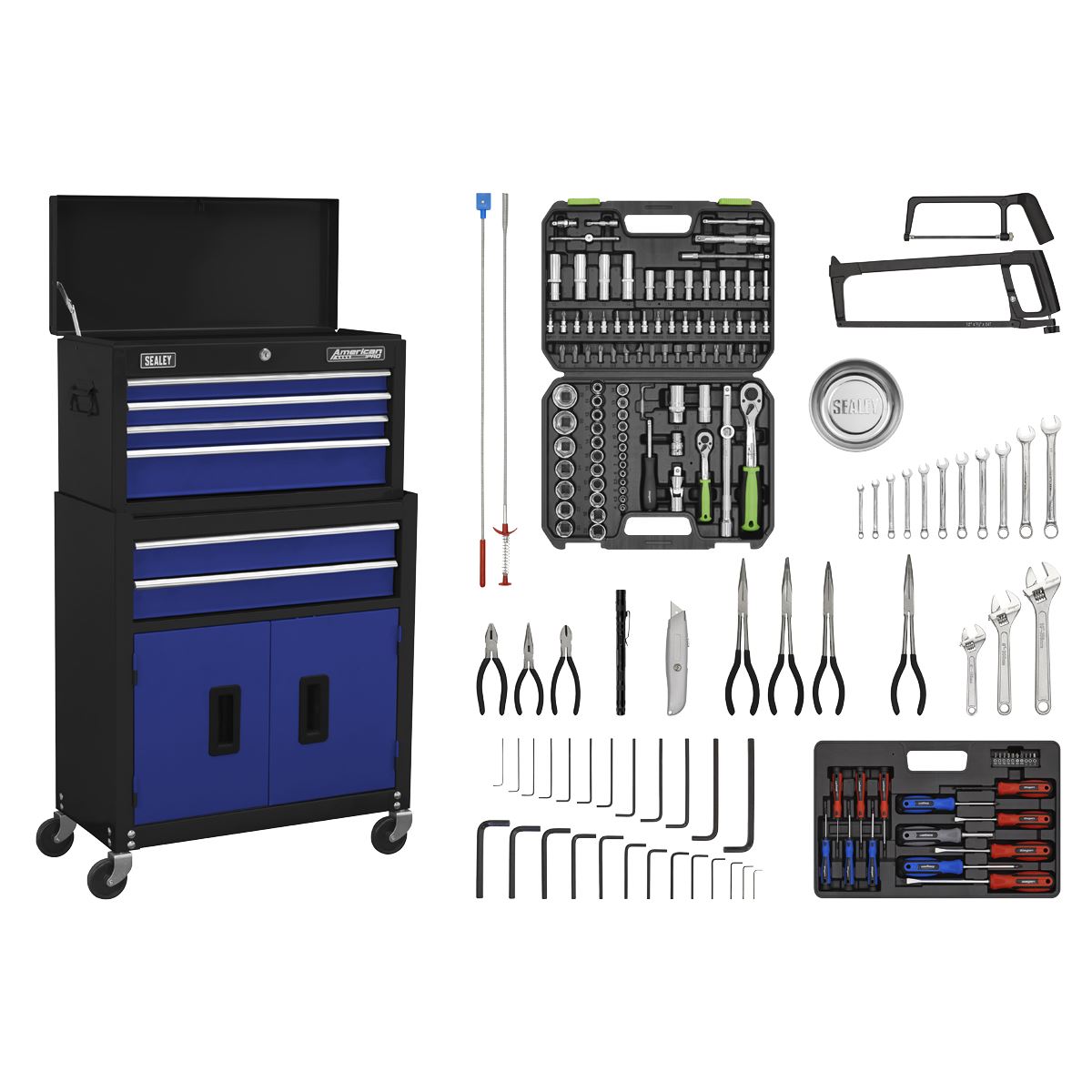 Sealey Topchest & Rollcab Combination 6 Drawer with Ball-Bearing Slides - Blue/Black & 170pc Tool Kit AP22BCOMBO