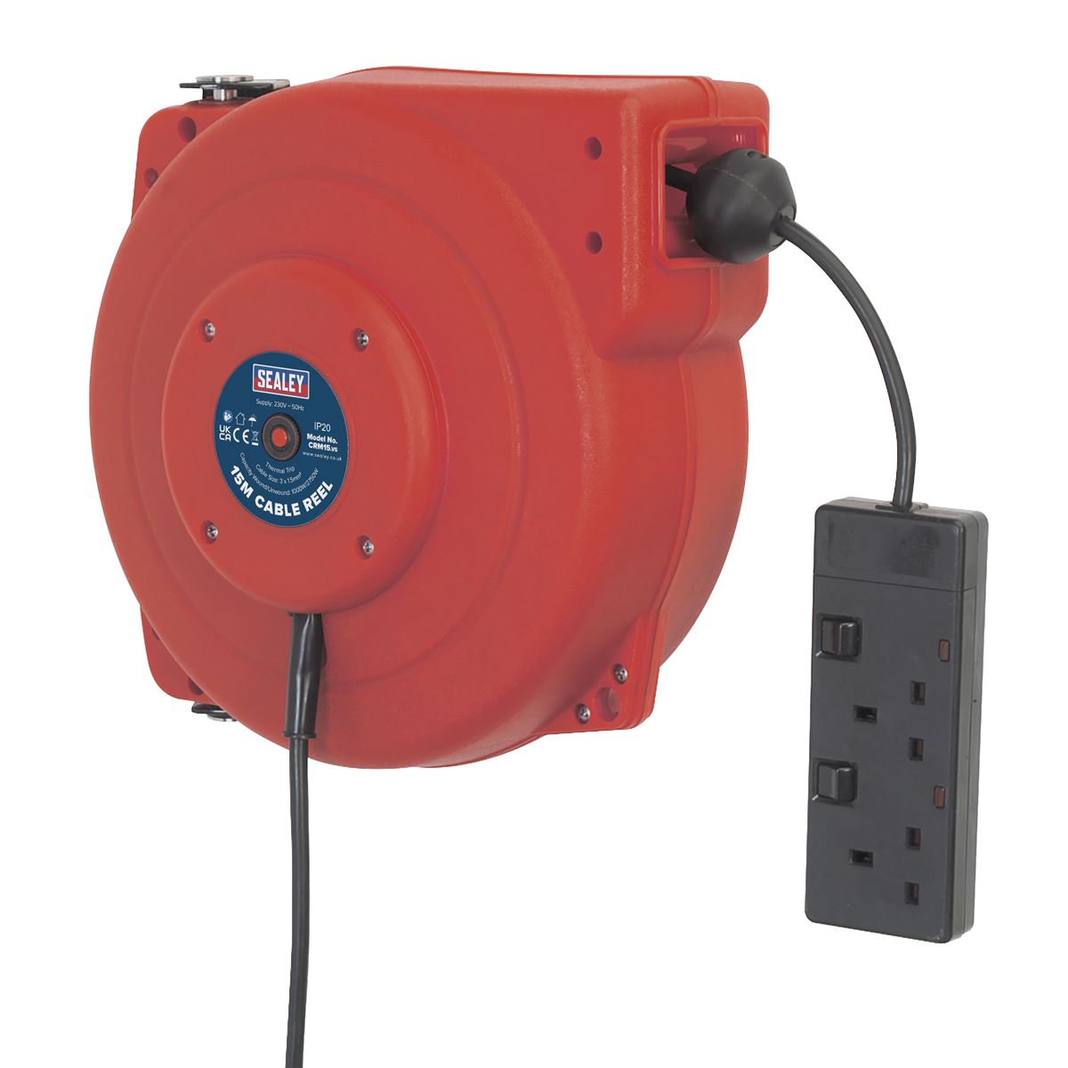 Sealey Cable Reel System Retractable 15m 2 x 230V Socket CRM15