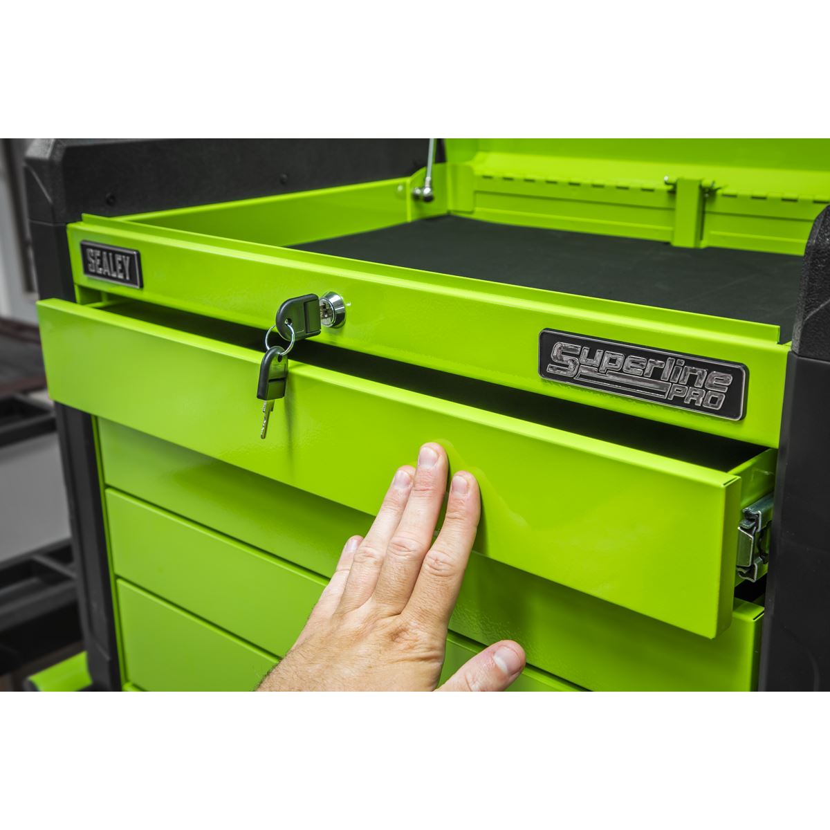 Sealey 4 Drawer Push-to-Open Topchest with Ball-Bearing Slides - Hi-Vis Green APPD4G