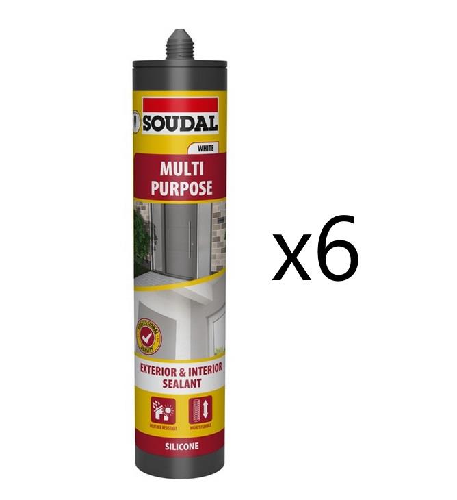 Soudal 6x Multi-Purpose Silicone Sealant - Brilliant WHITE (290ml)