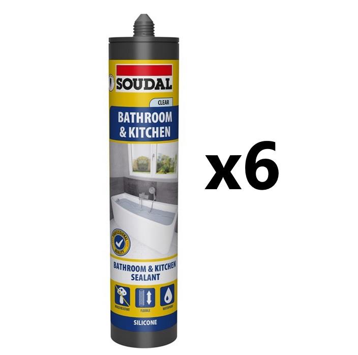 Soudal 6x Bathroom & Kitchen Silicone Sealant - CLEAR (290ml)