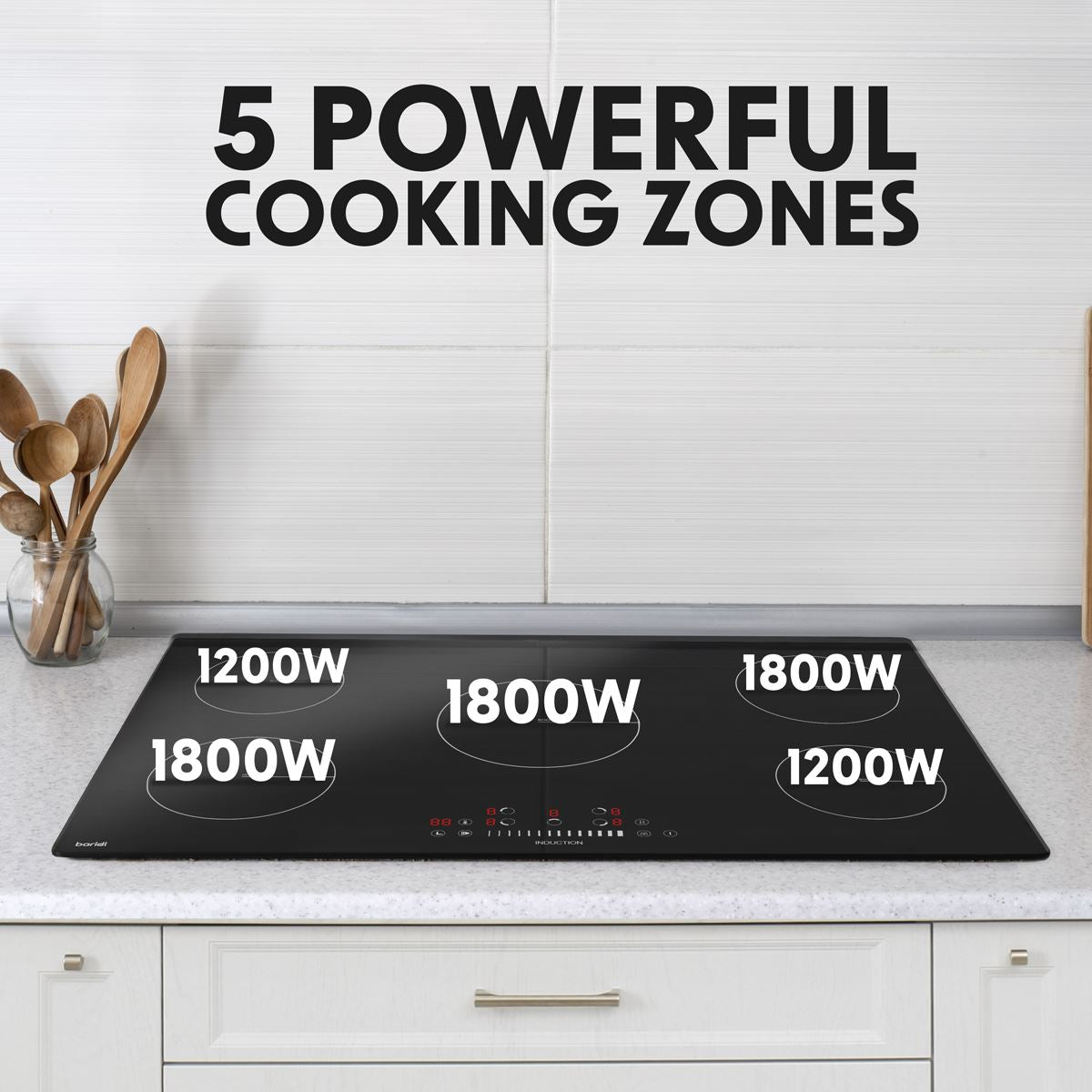 Sealey Baridi 90cm Built-In Induction Hob with 5 Cooking Zones, 9300W, Boost Function, 9 Power Levels, Slider Touch Control, Hardwired DH180