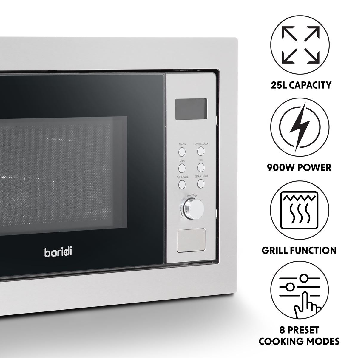 Sealey Baridi 25L Integrated Microwave Oven with Grill, 900W, Stainless Steel DH197