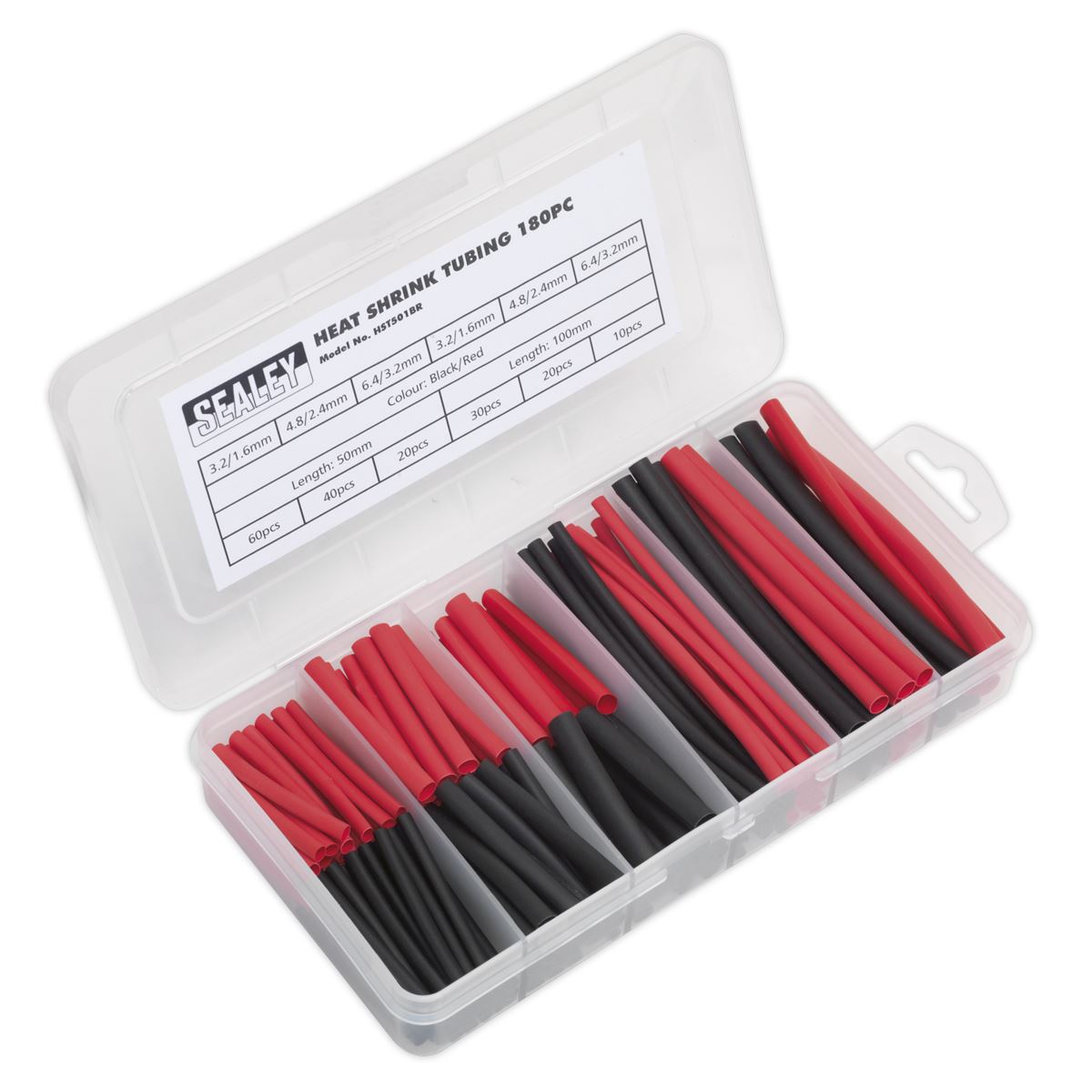 Sealey Heat Shrink Tubing Assortment 180pc 50 & 100mm Black & Red HST501BR