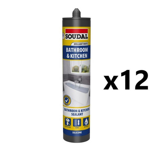 Soudal 12x Bathroom & Kitchen Silicone Sealant - Brilliant WHITE (290ml)