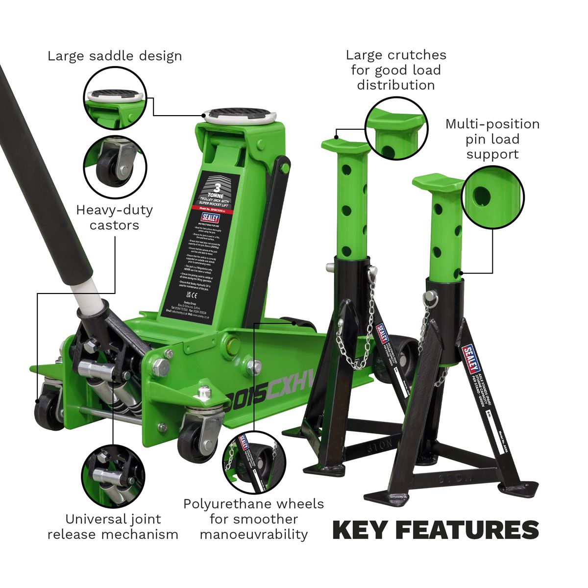 Sealey Trolley Jack 3t & Axle Stands (Pair) 3t per Stand - Hi-Vis 3015CXHV