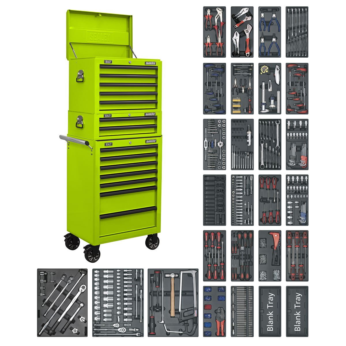 Sealey Tool Chest Combination 14 Drawer with Ball-Bearing Slides - Green & 1179pc Tool Kit SPTHVCOMBO1